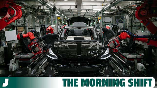 A photo of a Tesla on the assembly line. 